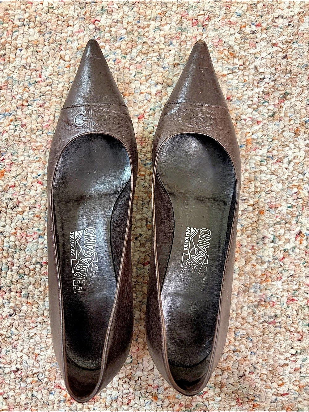 Salvatore Ferragamo Gancini Embossed Pointed Toe Kitten Heel Pumps Brown EU 44